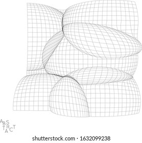 Abstract industrial object. Optical futuristic art. Warped 3D wire frame shape. Black and white architectural mesh digital drawing. Computer modeling of surface tension under uneven pressure.