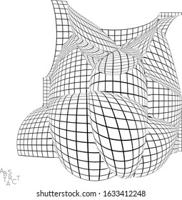 Abstract industrial object. Optical futuristic art. Warped 3D wire frame shape. Black and white architectural mesh digital drawing. Computer modeling of surface tension under uneven pressure.
