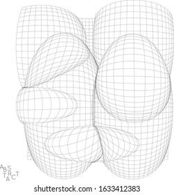 Abstract industrial object. Optical futuristic art. Warped 3D wire frame shape. Black and white architectural mesh digital drawing. Computer modeling of surface tension under uneven pressure.