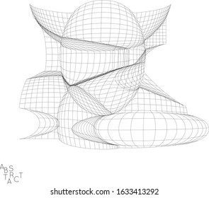 Abstract industrial object. Optical futuristic art. Warped 3D wire frame shape. Black and white architectural mesh digital drawing. Computer modeling of surface tension under uneven pressure.