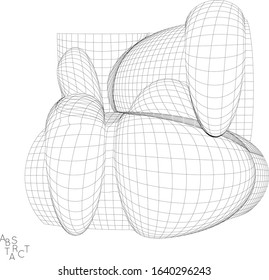Abstract industrial object. Optical futuristic art. Warped 3D wire frame shape. Black and white architectural mesh digital drawing. Computer modeling of surface tension under uneven pressure.