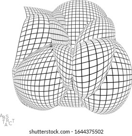 Objeto industrial abstracto. Arte futurista óptico. Forma de marco de alambre 3D. Dibujo digital en malla en blanco y negro. Modelado informático de tensión superficial bajo presión desigual.
