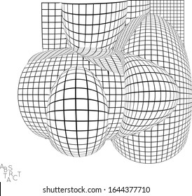 Abstract industrial object. Optical futuristic art. Warped 3D wire frame shape. Black and white architectural mesh digital drawing. Computer modeling of surface tension under uneven pressure.