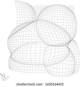 Objeto industrial abstracto. Arte futurista óptico. Forma de marco de alambre 3D. Dibujo digital en malla en blanco y negro. Modelado informático de tensión superficial bajo presión desigual.