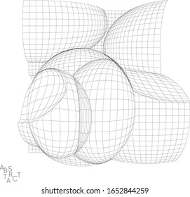Abstract industrial object. Optical futuristic art. Warped 3D wire frame shape. Black and white architectural mesh digital drawing. Computer modeling of surface tension under uneven pressure.
