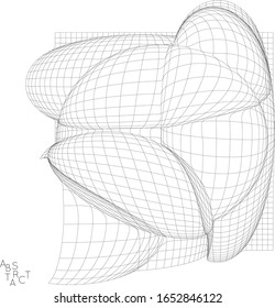 Abstract industrial object. Optical futuristic art. Warped 3D wire frame shape. Black and white architectural mesh digital drawing. Computer modeling of surface tension under uneven pressure.