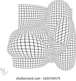 Abstract industrial object. Optical futuristic art. Warped 3D wire frame shape. Black and white architectural mesh digital drawing. Computer modeling of surface tension under uneven pressure.