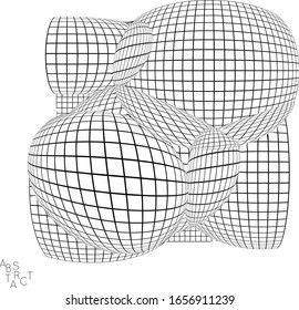 Abstract industrial object. Optical futuristic art. Warped 3D wire frame shape. Black and white architectural mesh digital drawing. Computer modeling of surface tension under uneven pressure.