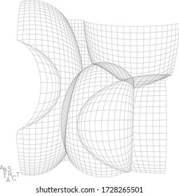 Abstract industrial object. Optical futuristic art. Warped 3D wire frame shape. Black and white architectural mesh digital drawing. Computer modeling of surface tension under uneven pressure.
