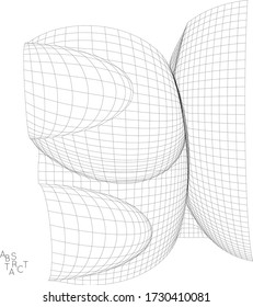 Abstract industrial object. Optical futuristic art. Warped 3D wire frame shape. Black and white architectural mesh digital drawing. Computer modeling of surface tension under uneven pressure.