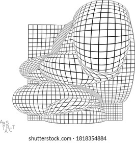 Objeto industrial abstracto. Arte óptico futurista. Forma de marco de alambre 3D deformado. Dibujo digital de malla arquitectónica en blanco y negro. Modelación computarizada de tensión superficial bajo presión desigual.