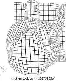 Abstract industrial object. Optical futuristic art. Warped 3D wire frame shape. Black and white architectural mesh digital drawing. Computer modeling of surface tension under uneven pressure.