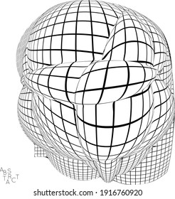 Abstract industrial object. Optical futuristic art. Warped 3D wire frame shape. Black and white architectural mesh digital drawing. Computer modeling of surface tension under uneven pressure.
