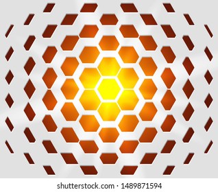 Abstract industrial realistic embossing volume hexagonal texture, depressed 3d hexagon white background, geometric grid. Hot orange and yellow flare behind. Digital futuristic techno vector wallpaper