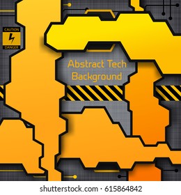 Abstract industrial tech template with geometric light shapes and caution tape on metallic textured background vector illustration