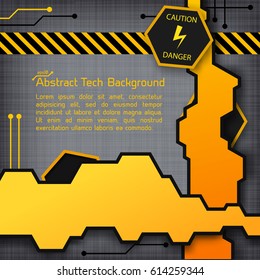 Abstract industrial technologic template with geometric plates caution tape and warning sign on metallic background vector illustration
