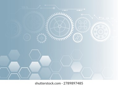 Abstract industrial technology background with transparent gears, hexagonal patterns, and a clean futuristic design in soft gray and blue tones.