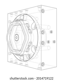 Abstraktes Industrieobjektkonzept. Vektorgrafik von 3d. Wire-Frame-Stil. Die Schichten sichtbarer und unsichtbarer Linien sind getrennt