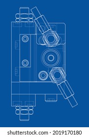 Resumen del concepto de objeto de la industria. Representación vectorial de 3d. Estilo de marco de cables. Las capas de líneas visibles e invisibles están separadas