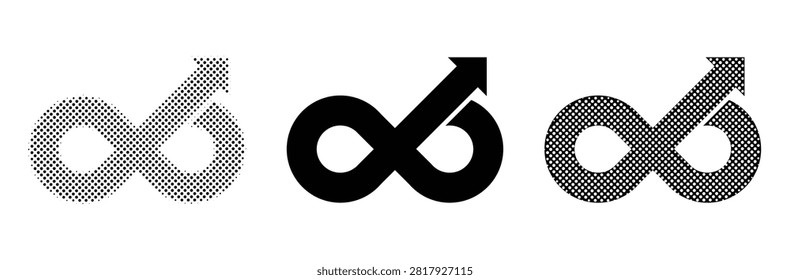 Abstract infinity loop icon set with upward diagonal arrow, limitless growth symbol in solid, dotted halftone and textured pattern vector illustration.