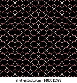Abstract infinity seamless geometric pink gold color lines pattern ornament stylish on black background. Grid with curly cells stripe tile texture mesh of drops. Vector illustration