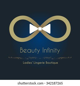 Abstract infinity sign in the shape of a bra business vector sign. Infinity of beauty concept. Lingerie boutique, beauty & fashion, female product package labeling icon. Identity template. Sample text