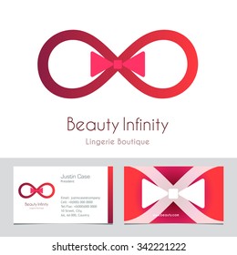 Abstract infinity sign in the shape of a bra vector sign & business card template. Infinity of beauty concept. Lingerie boutique, beauty & fashion, female product package labeling icon. Sample text