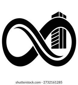 Um símbolo abstrato infinito entrelaçado com uma silhueta de edifício, representando infinitas oportunidades comerciais ou imobiliárias.