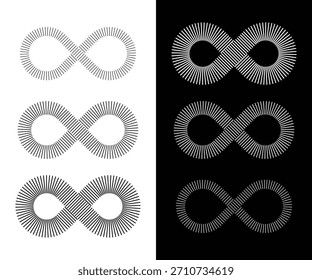 Abstract Infinity Symbol Set. Geometric Loop Icons Made of Radial Lines. Modern Minimalist Vector Logo Elements on Black and White Backgrounds.
