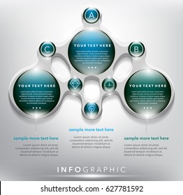 Abstract info graphic with circle elements. 3 parts concept. Can be used for workflow layout, banner, number options, step up options, diagram, web design. Vector illustration. Eps10.