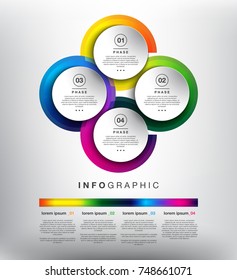 Abstract info graphic with circle elements. 4 parts concept. Can be used for workflow layout, banner, number options, step up options, diagram, web design. Vector illustration. Eps10.