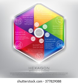 Abstract info graphic hexagon. 6 parts concept. Business strategy. Isolated on white panel. Vector illustration. Eps10.