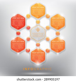 Abstract info graphic with hexagonal elements. 6 parts concept. Isolated on the white panel. Vector illustration. Eps10.