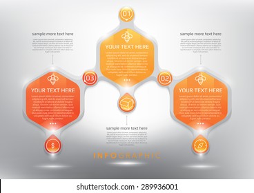 Abstract info graphic with hexagonal elements.  3 parts concept. Isolated on the white panel. Vector illustration. Eps10.