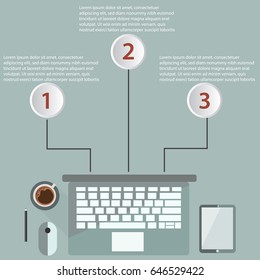 Abstract info graphic  template with creativity desk. Vector illustration. Can be used for work flow layout, diagram, business step options, banner, web design.