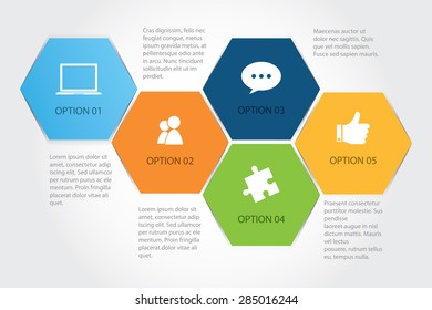 Abstract infochart with hexagons on white background 
Vector illustration can be used for workflow layout, diagram, number options, web design.