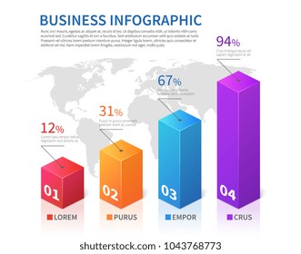 Abstract infographic 3d bar finance with world map vector chart. Finance chart and business infographic, diagram and graphic illustration