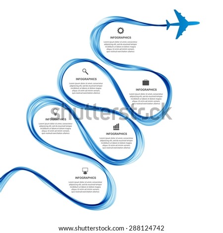 Abstract infographic airplane and wave a blue smoke. Vector illustration. 