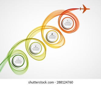 Avión infográfico abstracto y humos de color. Ilustración vectorial. 