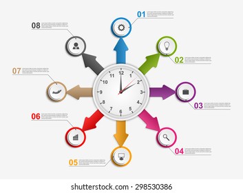 Abstract infographic background with arrows and clock in the center. Design template. 