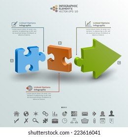 Abstract Infographic background of three pieces of a puzzle making an arrow. Useful for presentation, brochure, seminar, infographic background, web design and more.