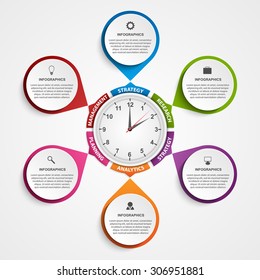 Abstract infographic with clock in the center. Vector illustration. 