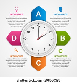 Abstract infographic with colorful arrows and clock in the centre. Design template. 