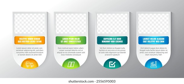 Abstract Infographic Company Milestones Timeline Template with big rectangle photo placeholders and shadow effects. four variation color with icon and sample of text. Business infographics tabs