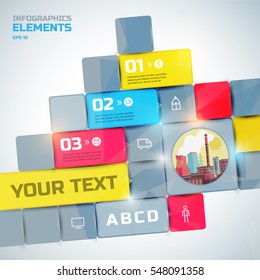 Abstract infographic concept with colorful glossy squares three options flat icons and industrial factory template vector illustration