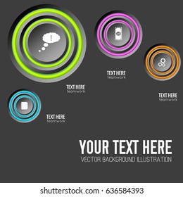 Abstract infographic concept with round buttons colorful rings and business icons on dark background isolated vector illustration