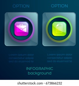 Abstract infographic concept with text two glass transparent squares glossy colorful buttons and icons isolated vector illustration