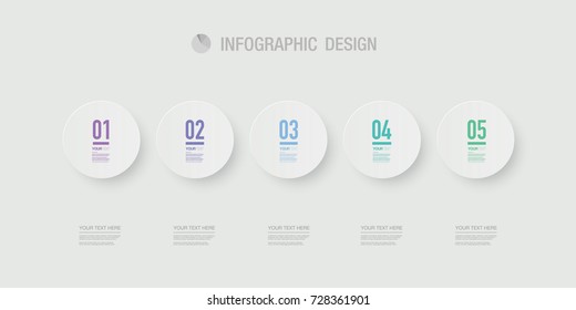 Abstract infographic design with 5 numbered white circles with shadows on a simple light background. Eps 10 stock vector illustration 