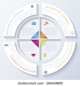 Abstract infographic design with circle and four segments. Vector illustration can be used for web design,  workflow or graphic layout, diagram, numbers options, education, presentation
