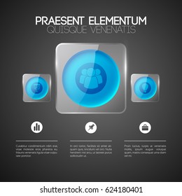 Abstract infographic design concept with text business icons blue round buttons in glass square frames vector illustration